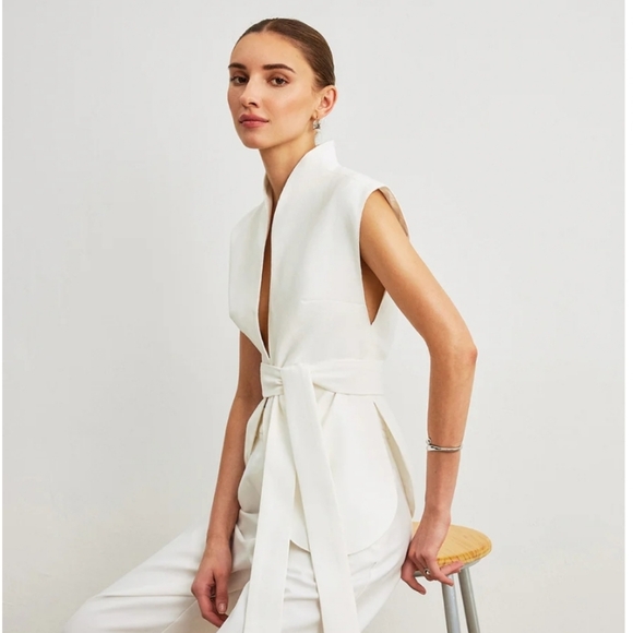 NWT Commense White Sleeveless Vest Top Blouse Tie Waist Belted Xs Old Money - Picture 3 of 10